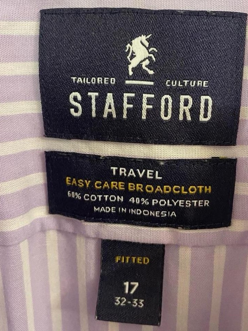 Stafford Men’s Purple White Striped Dress Shirt Size 17 32/33 Fitted‎ Easy Care - Picture 5 of 7